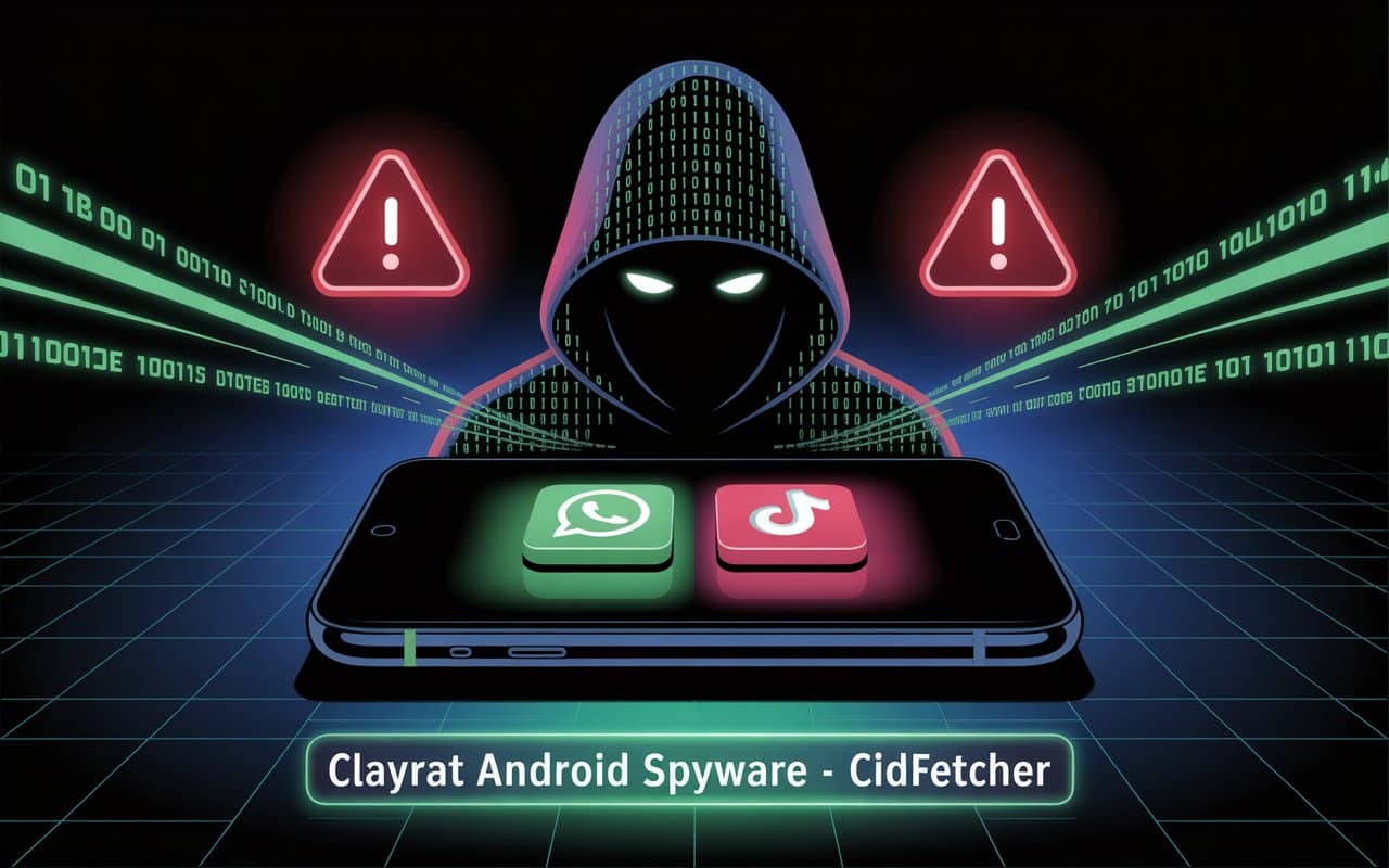 Ilustración digital de un hacker frente a un smartphone con íconos falsos de WhatsApp y TikTok, representando el spyware ClayRat en Android – CIDFetcher